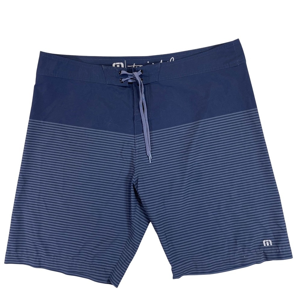 TravisMathew Mens Board Shorts Navy Blue Striped Swim Trunks Size 38 Stretch